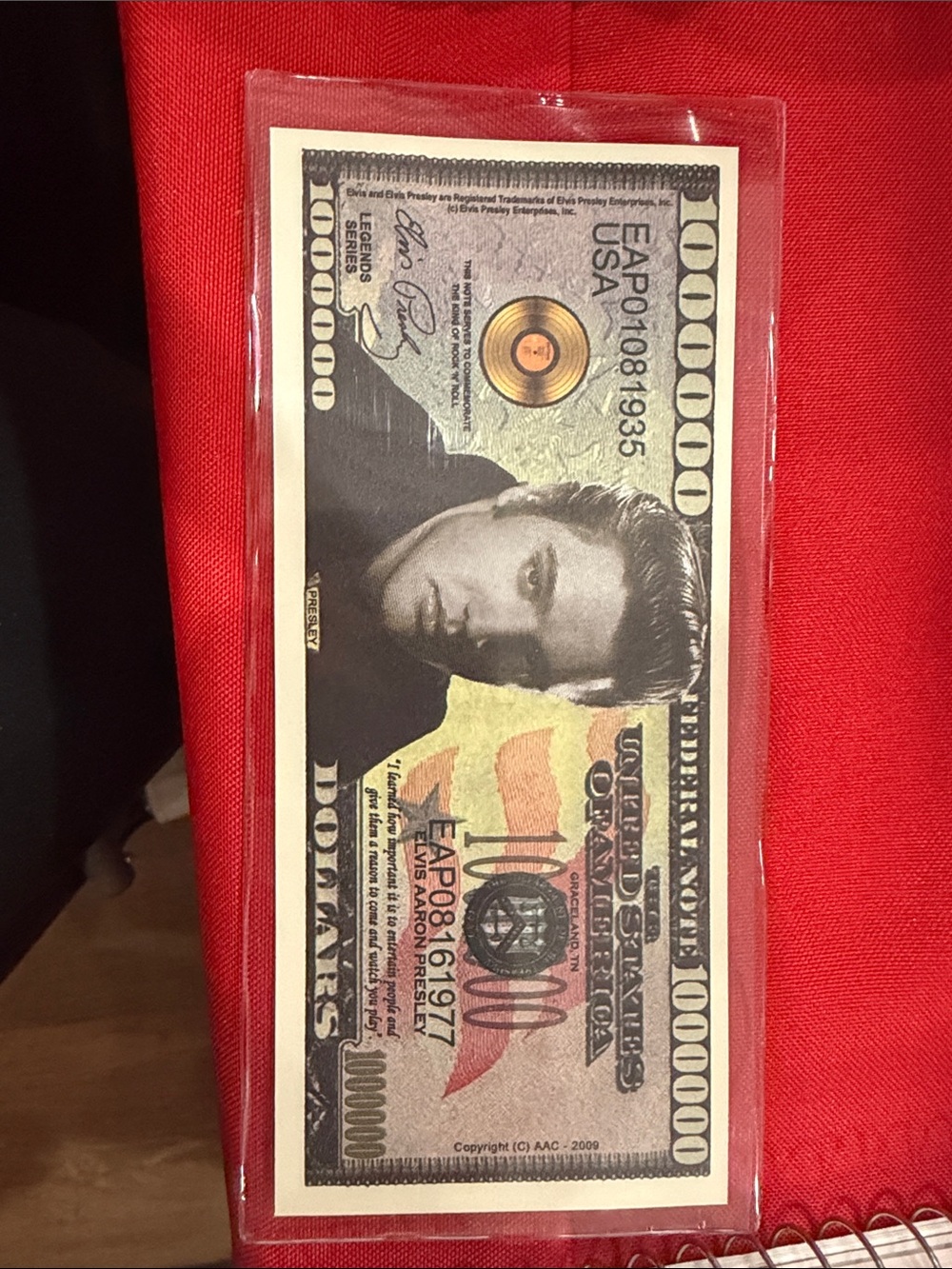 Elvis Presley Novelty $100000 Bill - Black, Gold, Cream